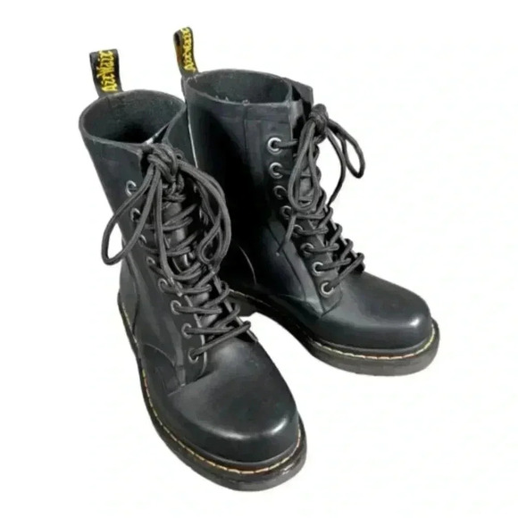 Doc Martens Drench Rubber Rain Boot Black Women's 5 Mid-Calf Lace Up 8 Eye 36 - Picture 1 of 8